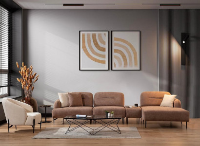 Brown-beige Living room seating set Corner sofa Living landscape Armchair 2-piece