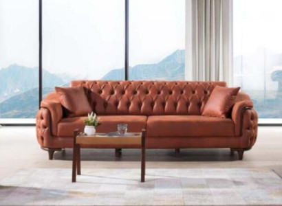 Orange Chesterfield Couch Three Seater Sofa Furniture Velvet Wood Seat Pad