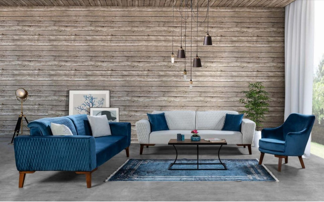 Blue Couch Three Seater Sofa Elegant Seating Furniture Living Room Velvet