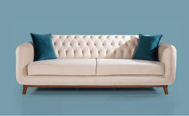 Three Seater Sofa Upholstered Couch Fabric Furniture Beige White Velvet