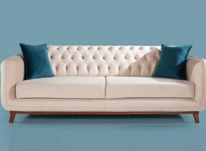 Three Seater Sofa Upholstered Couch Fabric Furniture Beige White Velvet