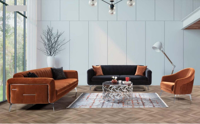 Orange Design Couch Sofa Velvet Three Seater Luxury Furniture Fabric Textile