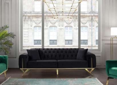 Black Chesterfield Couch Three Seater Seat Cushion Sofa Velvet Wood