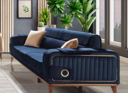 Luxury Blue e Couch Three Seater Design Sofas Furniture Fabric Textile Velvet