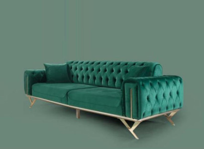 Green Chesterfield Couch Three Seater Seat Cushion Sofa Furniture Velvet Wood