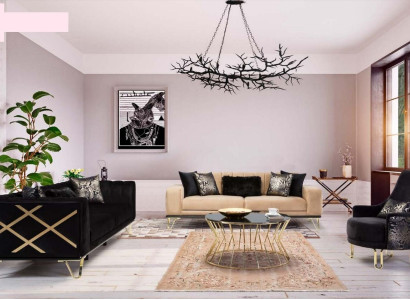 Sofa set Black Sofa 3+3+1 Seater Armchair Elegant Metal Velvet