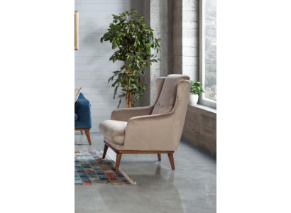 Beige Design Armchair Single Seater Living room Textile Style Wood Furniture