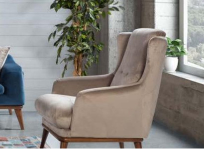 Beige Design Armchair Single Seater Living room Textile Style Wood Furniture