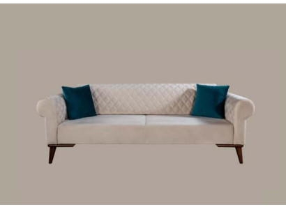 Beige three-seater couch, elegant sofa, seating furniture, living room, velvet