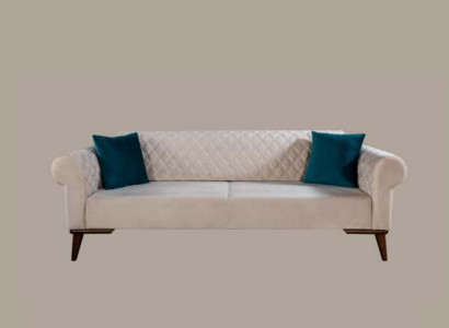 Beige three-seater couch, elegant sofa, seating furniture, living room, velvet