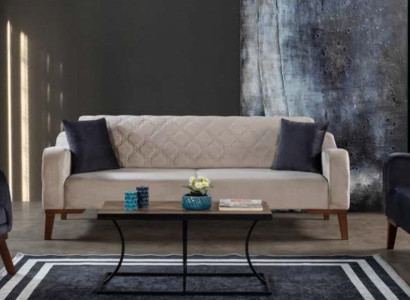 Beige three-seater couch, elegant sofa, living room, seating furniture, velvet