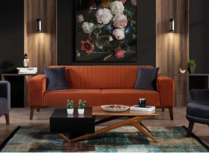 Orange three-seater couch, elegant sofa, seating furniture, living room, velvet