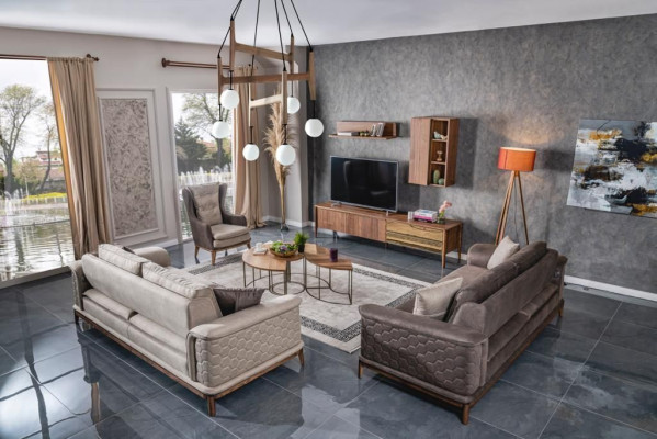 Suite Sofa set Luxury 3+3+1 Seater Sofa Fabric Armchair Sofas Modern Brown