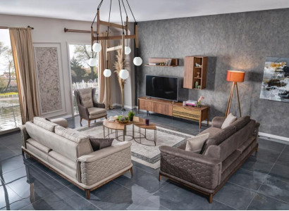 Suite Sofa set Luxury 3+3+1 Seater Sofa Fabric Armchair Sofas Modern Brown