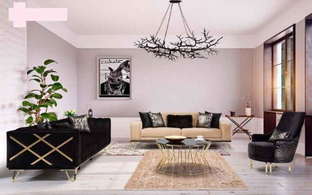 Modern Sofa 3 Seat Living room Couch Design Furniture Metal Beige Upholstery