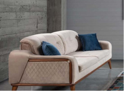 Beige Couch Living room Three Seater Seat Cushion Sofa Furniture Velvet Wood