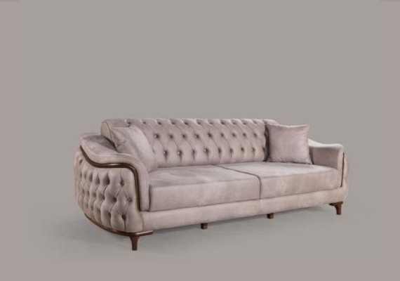 Beige Chesterfield Couch Three Seater Seat Cushion Sofa Furniture Velvet Wood