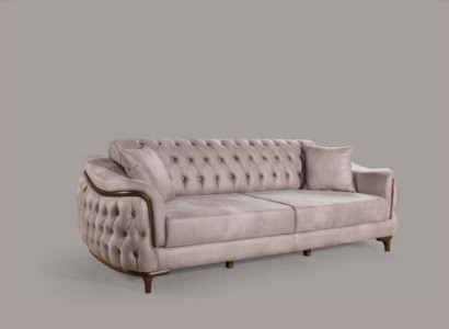 Beige Chesterfield Couch Three Seater Seat Cushion Sofa Furniture Velvet Wood