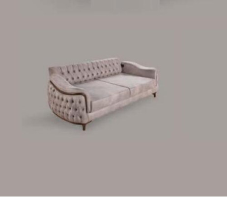 Beige Chesterfield Couch Three Seater Seat Cushion Sofa Furniture Velvet Wood