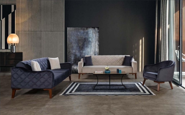 Living room Sofa set Sofa 3+3+1 Blue e Upholstery Set Armchair Textile