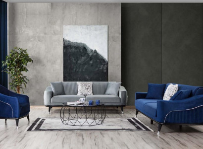 Sofa set 3+3+1 Seat Sofas Upholstery Couches Wood gray Blue Velvet