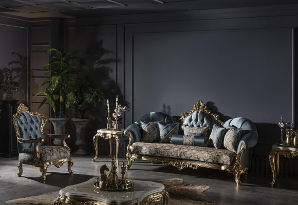 Armchair Blue Elegant Living room Upholstery Fabric Design Classic Luxury Beautiful new