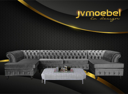 Set Luxury Modern Corner sofa U-shape Chesterfield and Coffee table Living room Textile