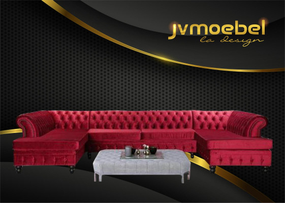 Set Luxury Modern Corner sofa U-shape Chesterfield and Coffee table Living room Textile