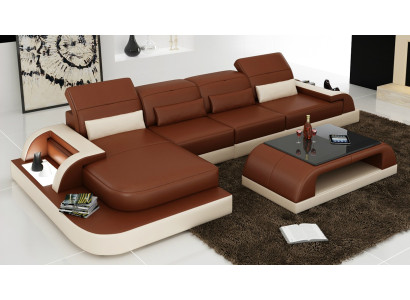 Brown L-shape Sofa Couch Upholstery Suite Living landscape Design Corner sofa Leather