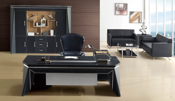 Boss Office Table Desk Table Design Wardrobe Leather Wood 2pcs. set