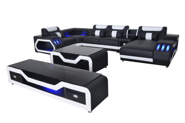 Leather Sofas Corner Suite Design Sofa Living landscape + Couch Table + TV-cabinet USB new