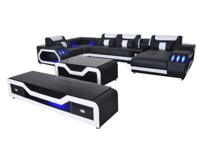 Leather Sofas Corner Suite Design Sofa Living landscape + Couch Table + TV-cabinet USB new