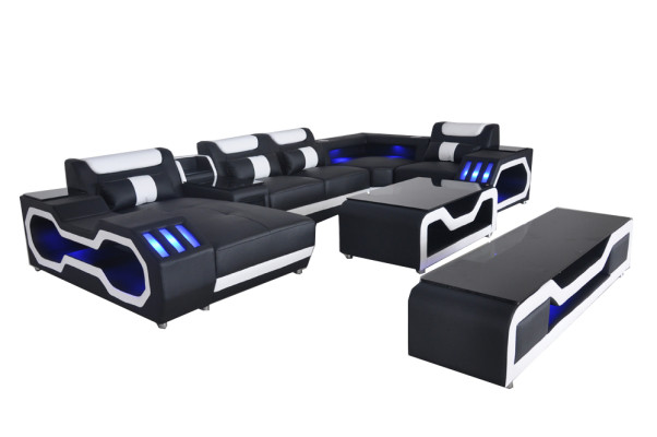 Leather Sofas Corner Suite Design Sofa Living landscape + Couch Table + TV-cabinet USB new