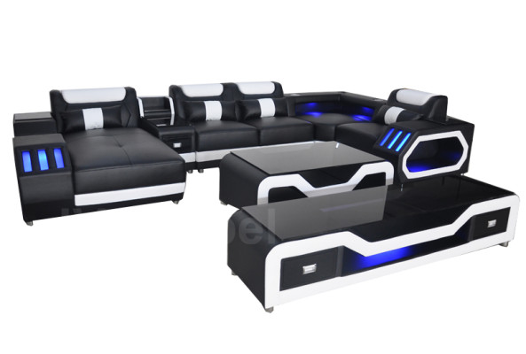 Leather Sofas Corner Suite Design Sofa Living landscape + Couch Table + TV-cabinet USB new