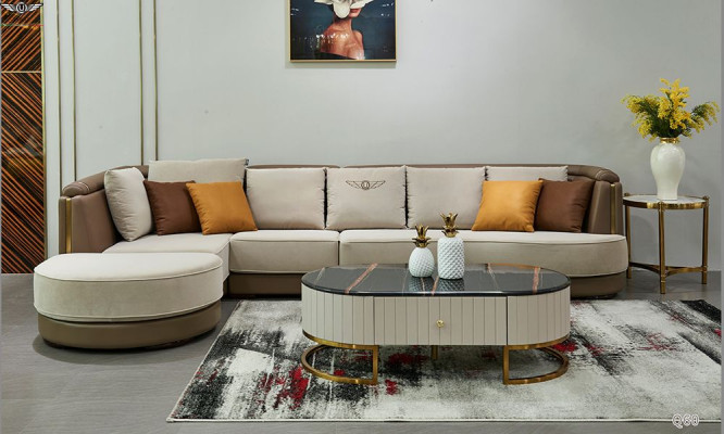 Corner sofa L-shape Coffee table Sofa Couch Design Upholstery Textile Modern Beige