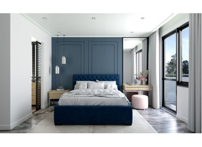 Bed Blue Modern Design Fabric Upholstery Bedroom Double bed Wood Elegant new