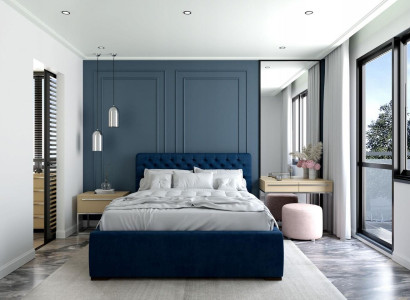 Bed Blue Modern Design Fabric Upholstery Bedroom Double bed Wood Elegant new