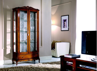 Designer Luxury Wood Display Case Brown 2 Glass Doors 1 Drawer Italian Furniture
