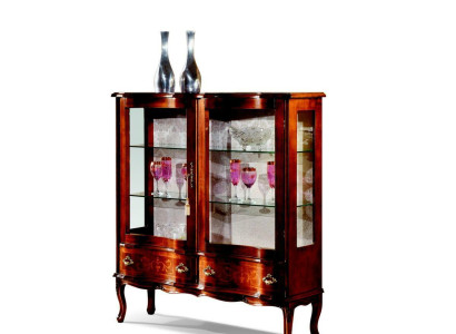 Designer Luxury Wood Display Case Brown 2 Glass Doors 2 Drawer Italian Furniture