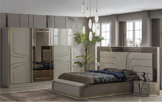 Suite Bedroom Double bed Luxury Bed Modern Beige Set 3pcs new