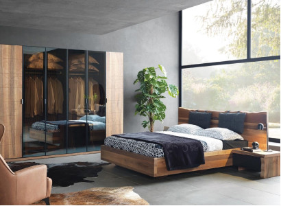 Bedroom Bed 2x Bedside table Wardrobe Suite Wood Modern Set