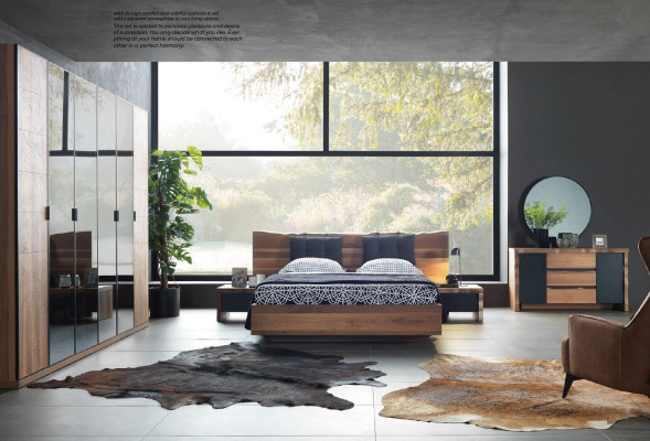 Bedroom Bed 2x Bedside table Wardrobe Suite Wood Modern Set