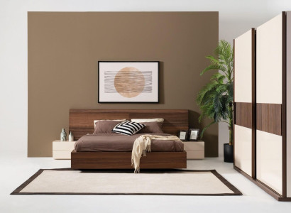 Stylish modern bed with two bedside tables made of natural wood
